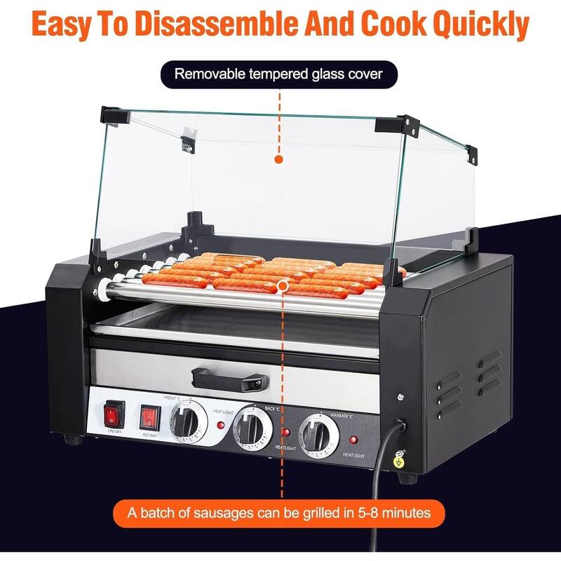 Hot Dog Roller with Warming Drawer, Stainless Steel Sausage Grill