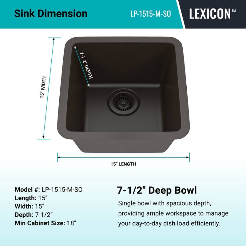 15 Inch Lexicon Platinum Quartz Composite Drop-in Undermount Single Bowl Galaxy Mocha Kitchen Sink LP-1515-M-SO - 15x15