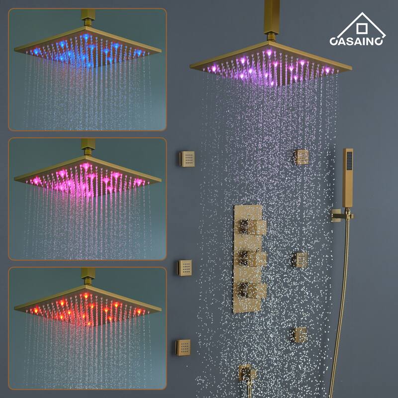Celling 12 inch LED 3 Function Thermostatic Shower System with 6 Body Jets