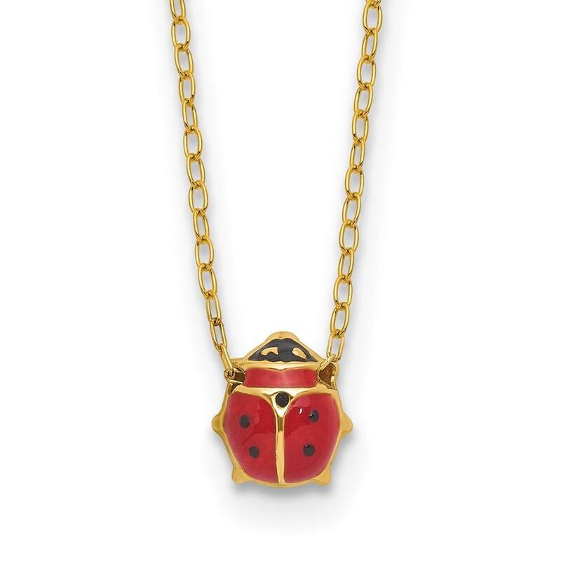Curata 14k Yellow Gold Polished Closed back Enameled Ladybug Necklace, 16"
