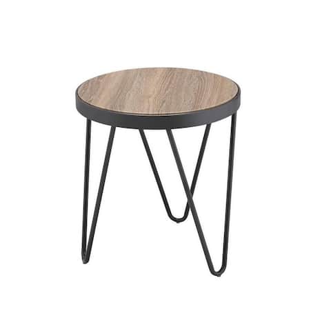 Round Wooden End Table with V-shaped Metal Legs in Gray Oak