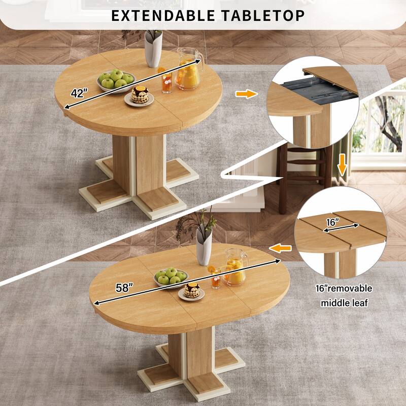 Extendable Dining Table With A Middle Leaf,Oval Dining Table For 6, Retro Solid Wood Round Dining Table With Double Layer Design