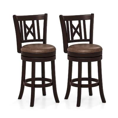 Coffee & Brown Swivel Bar Stools Rubber Wood Counter Chairs with Backrest & Footrest