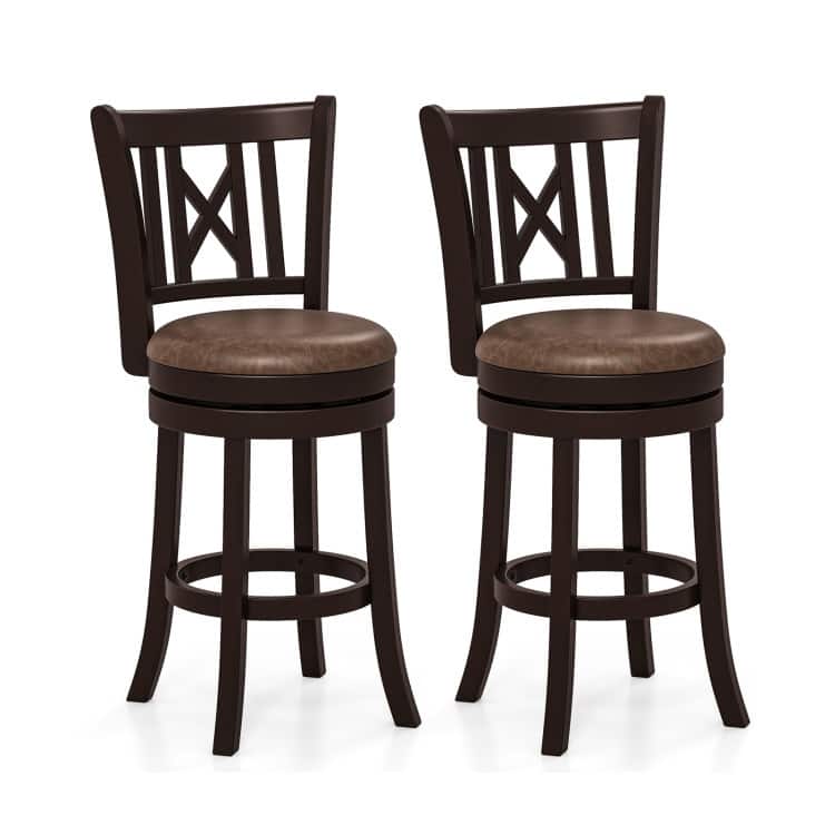 Coffee & Brown Swivel Bar Stools Rubber Wood Counter Chairs with Backrest & Footrest