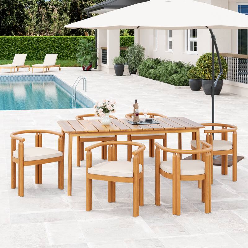 Roomfitters Outdoor Dining Set 7 Piece Solid Acacia Wood Table Armchairs Cushioned, Teak Beige