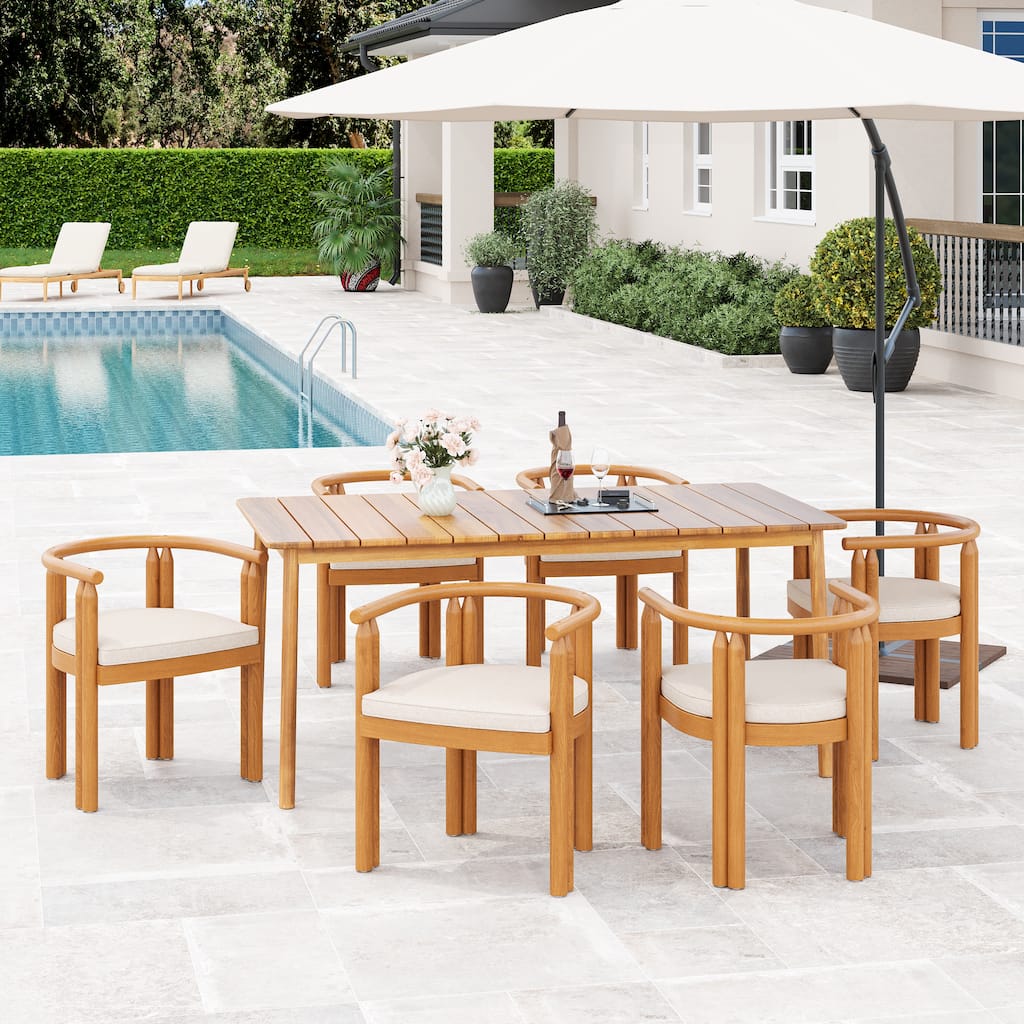 Roomfitters Outdoor Dining Set 7 Piece Solid Acacia Wood Table Armchairs Cushioned, Teak Beige