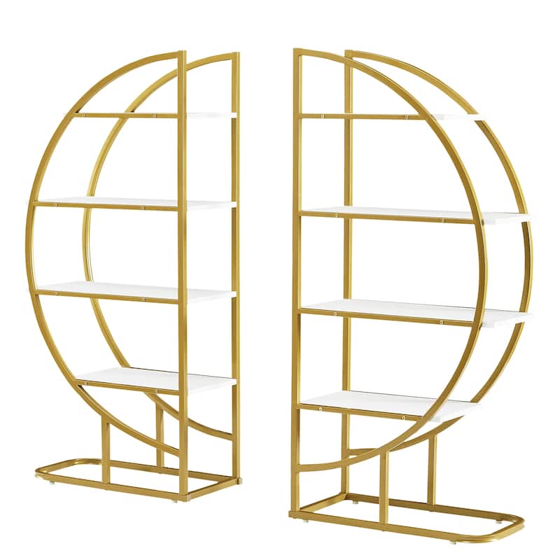 Roomfitters 4-Tier Round Bookshelf for Home Office, Open Shelf with Gold Frame and MDF Board, Multiple Placements, Golden+White