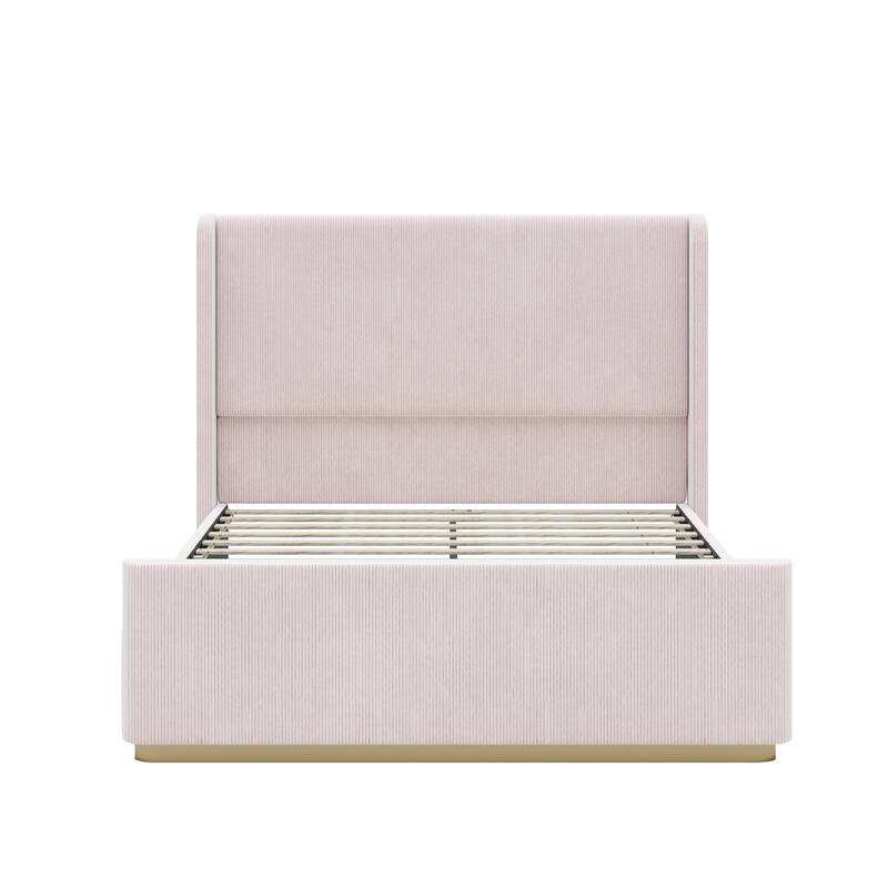 Corduroy Upholstered Platform Bed with Metal Frame Wood Slat Bed, Vertical Stripe Wingback Bed High Footboard Sleigh Panel Bed