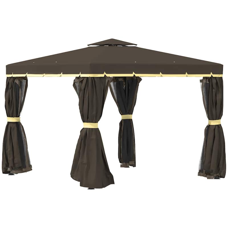 Modern Patio Gazebo Canopy Shelter with Aluminum Frame, Double Roof, Netting & Curtains,10' x 10'
