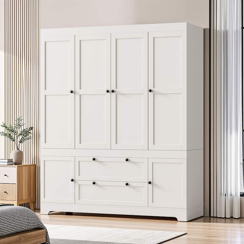 Pocassy 71" H Wardrobe Closet with Drawers and Cabinet. - White - 4 Doors with 2 Drawers and 2 Cabine
