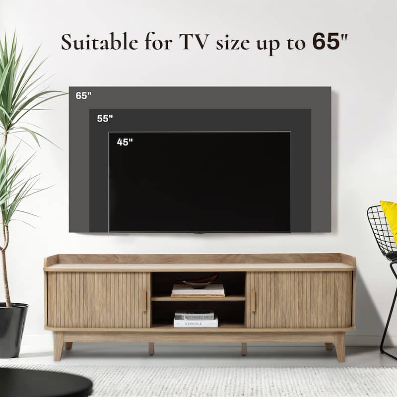 Mid-Century Modern Tambour-Style 2-Door TV Stand and Console with Raised Sides, Oak - 20.9" H x 63" W x 15.7" D