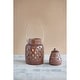 preview thumbnail 2 of 1, Handmade Terra-cotta Lantern with Cut-Outs and Rattan Wrapped Handle, Reactive Glaze
