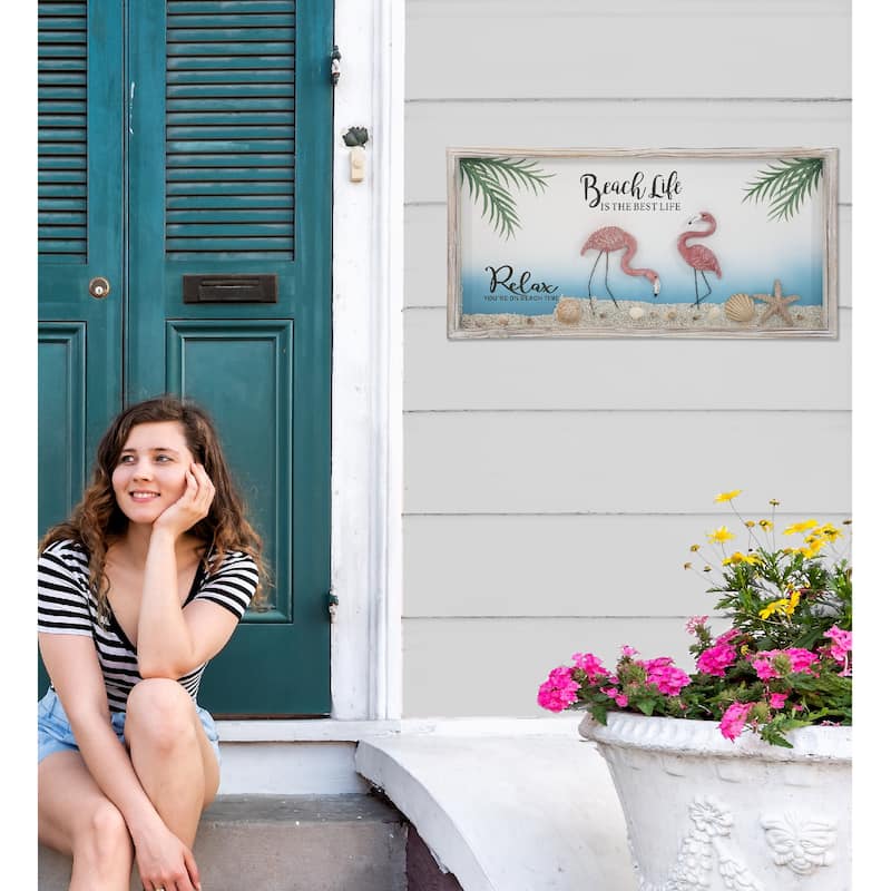 CoTa Global Handmade Driftwood Flamingo Beach Life Wall Decor - 24×11.75 Inches