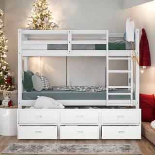 Modern Twin Over Twin Bunk Bed With Trundle And Drawers,Sturdy Frame for Bedroom