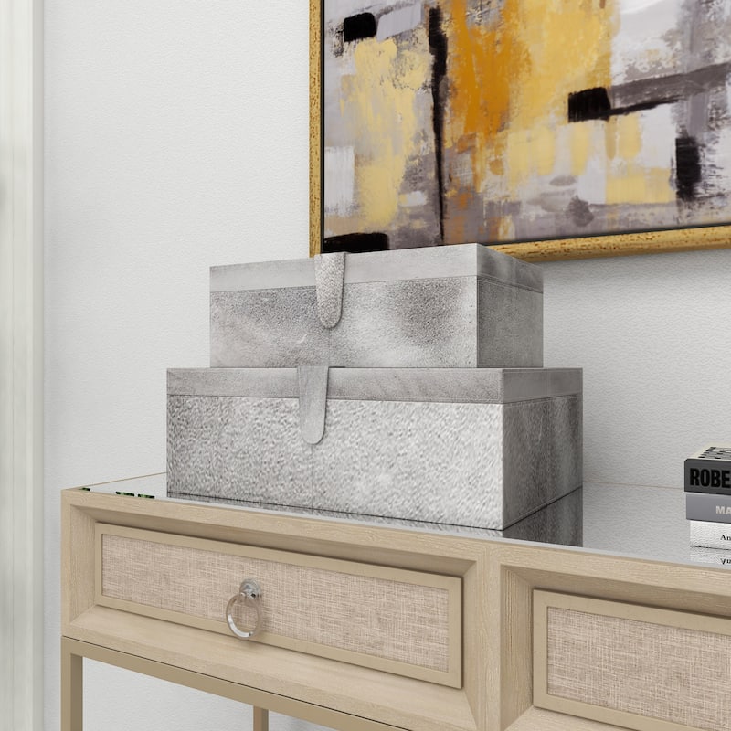 Gray, Silver or Gold Leather Handmade Cowhide Storage Box with Silver Foil Accents (Set of 2)