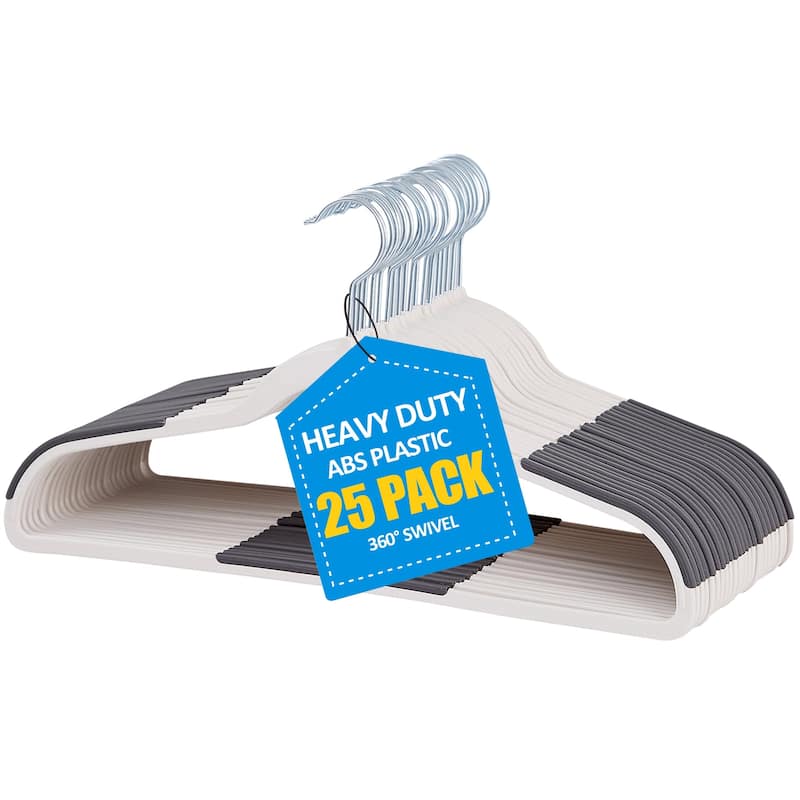 Non-Slip Plastic Clothes Hangers with clips Heavy Duty Dry Wet Clothes Hangers Space-Saving Swivel Hook - 25 Pack - Grey