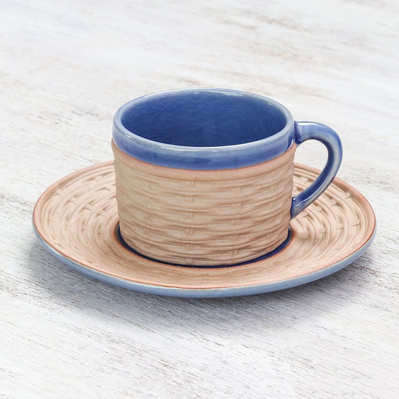 Novica Handmade Wicker In Blue Ceramic Cup And Saucer