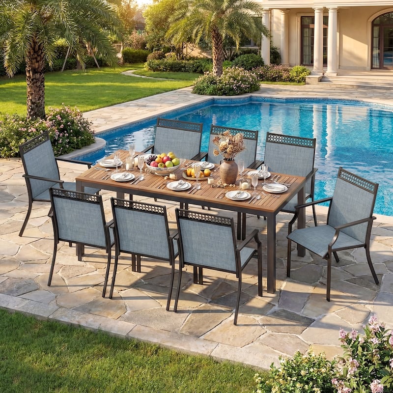 Gymax 9PCS Patio Dining Set for 8 w/Quick-Drying Fabric Sturdy Acacia