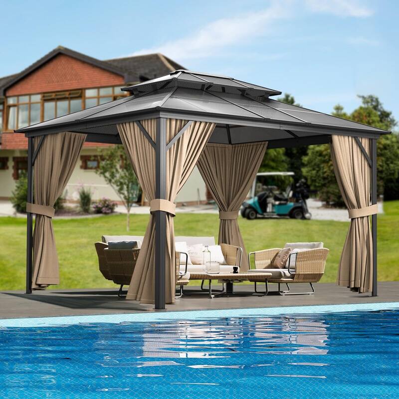 Hardtop Gazebo 10'x10',10'x12',10'x14',12'x12',12'x14',12'x16',12'x20'for All Weather - Khaki_10'*12' - Khaki_10'*12'