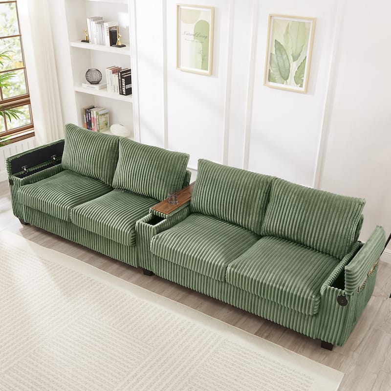 4 Seater Corduroy Sofa Couch with USB Ports and Storage Arms, 133" Modern Sofa with Side Pockets and Flip-Top Cup Holders - Green