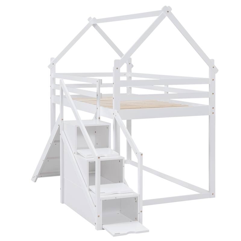 Roomfitters Twin over Twin House Loft or Bunk Bed with Slide, Staircase and Playful Roof Design