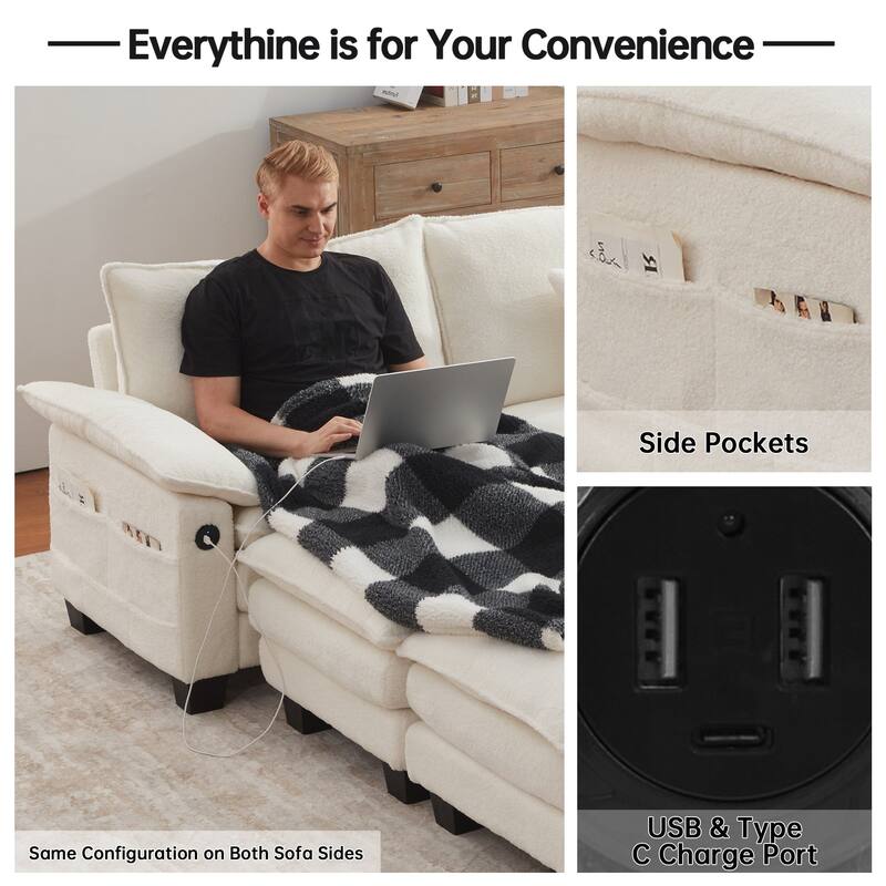 144" Modular Compression Sofa Set Convertible Sectional Sleeper Couch with 2 Ottomans