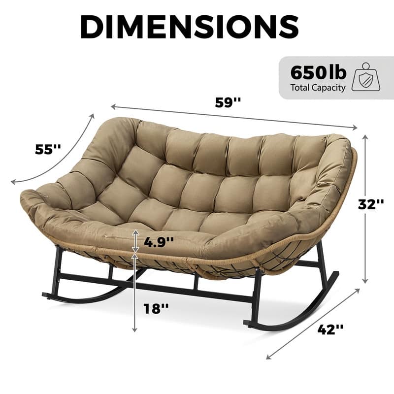 60" Double Papasan Rocking Chair for 2, 700-lb Capacity Wicker Egg Rocker with 5.1" Thick Cushion