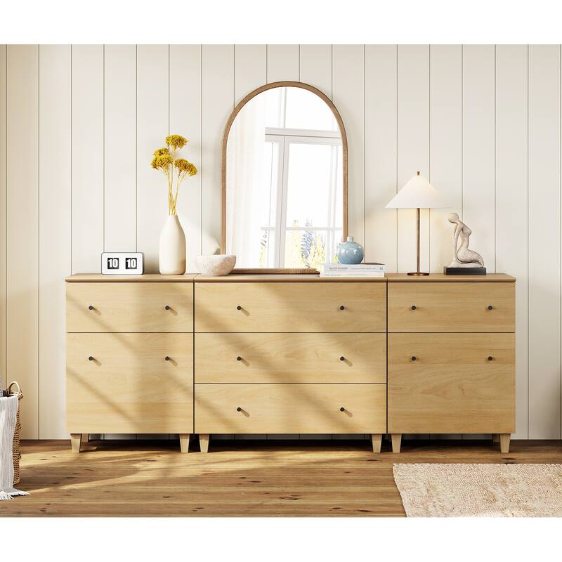 Wood Dresser with 5 Drawers and 2 Cabinets for Bedroom, 83" Wide - Oak