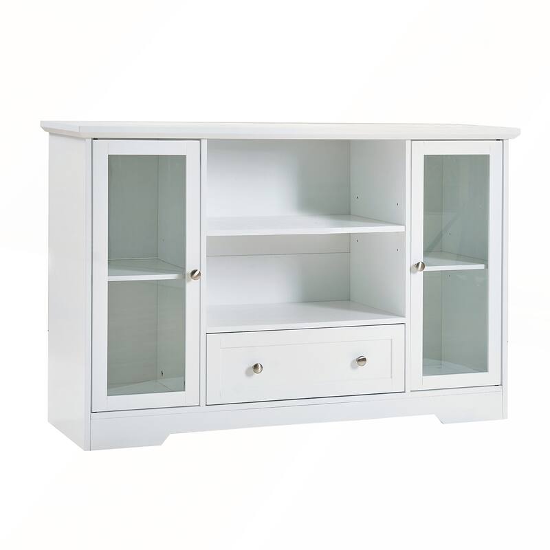 Modern White Storage Cabinet with Glass Doors Shelves Drawer