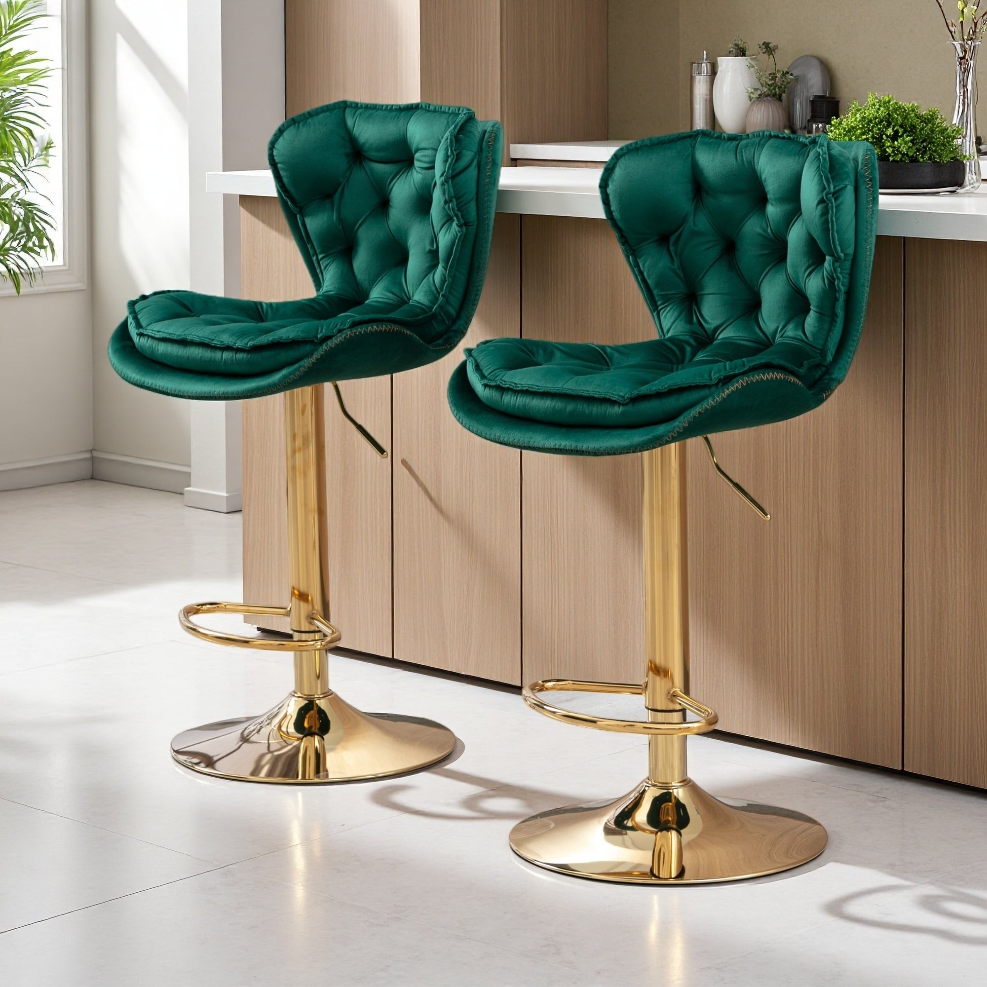 34.6"H Set of 2 Adjustable Velvet Swivel Bar Stools with Chrome Base & Footrest
