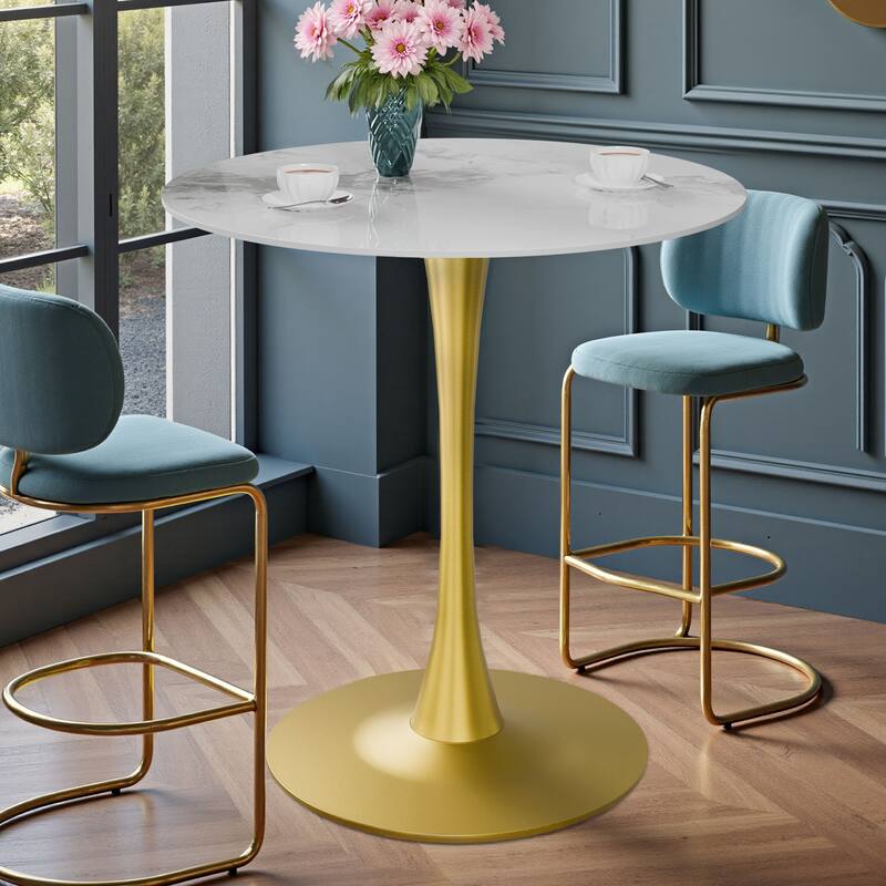 Flower Round Dining Table Modern Tulip Pedestal - 40" Height - Jade White with Gold Base