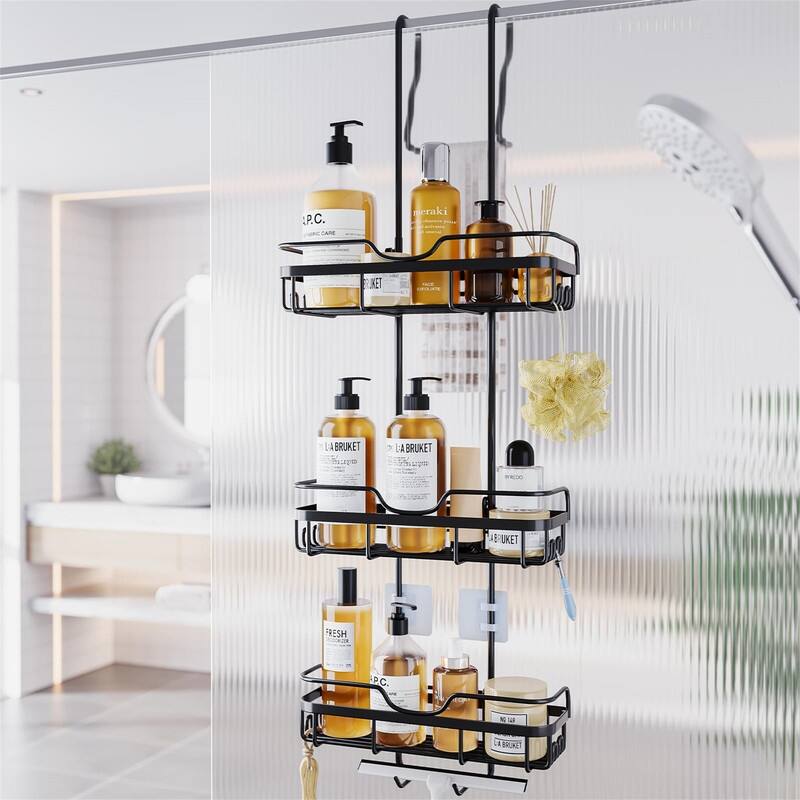 Shower Caddy Hanging Over the Door - 4.7"D x 13"W x 65"H - Black - 4.7"D x 13"W x 65"H