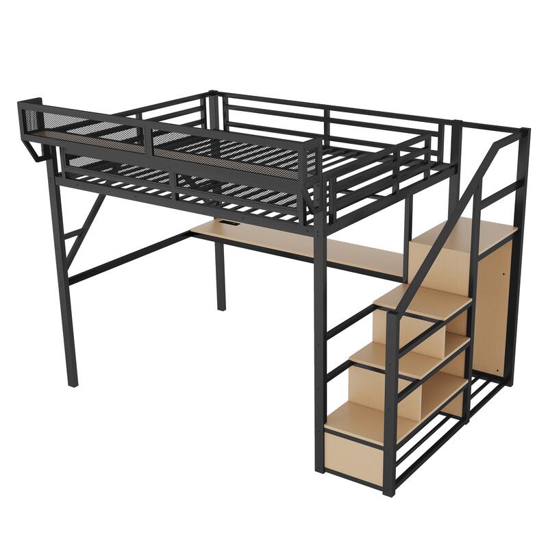 Queen Size Loft Bed with Desk,Charging Station,Stairs and Light