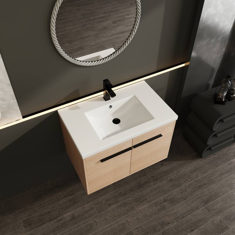 GDFStudio - Levistar Modern Wall-Mounted Bathroom Vanity Set with Scratch-Resistant Resin Sink & Soft Close Doors