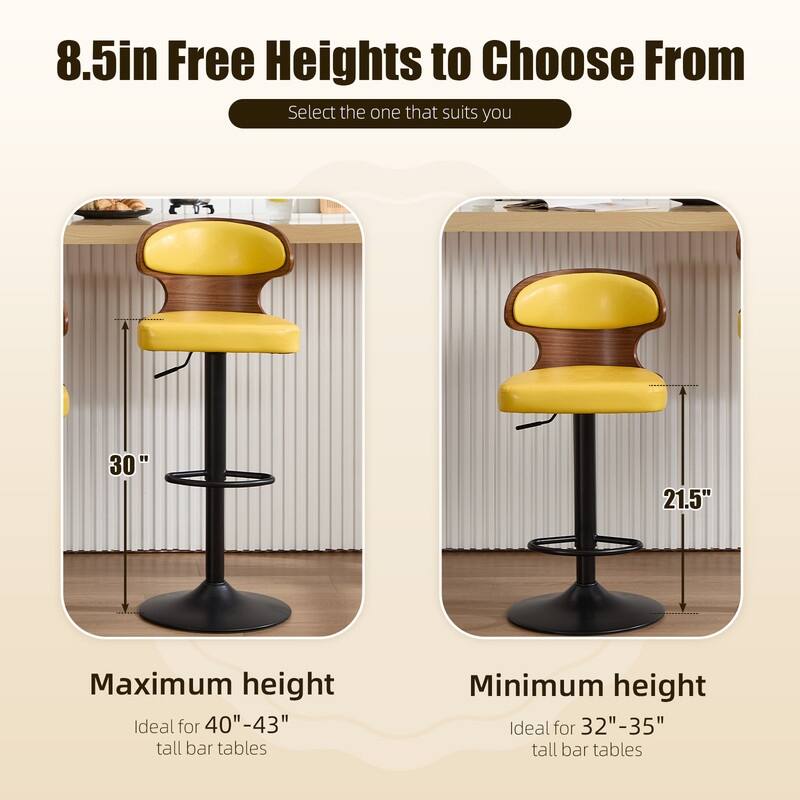 PU Leather Upholstered Curved Backrest 360° Swivel Adjustable Height Bar Stools with Footrest(set of 2)
