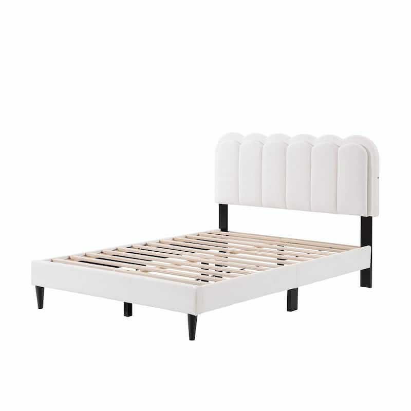Lambswool Petal Headboard Bed Frame - Cream Style Bedroom Soft Bed with Ambient Light