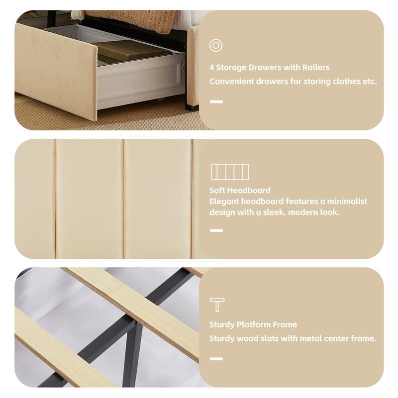 Plywood Frame Platform Bed with Storage Drawers