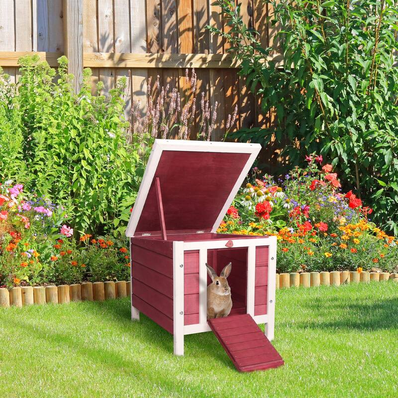 PawHut Small Wooden Rabbit Hutch Bunny Cage Guinea Pig House Dog Cage with Openable & Waterproof Roof, Red