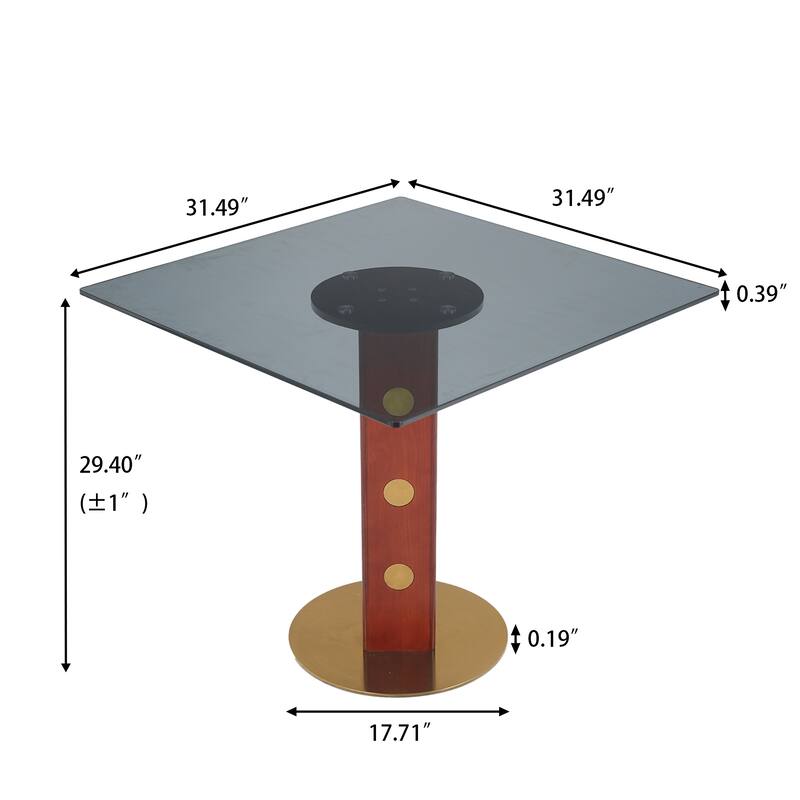 Modern Square Dining Table, 33.5" Tempered Glass Table with Wooden Leg & Gold Base, 2 - Person Kitchen Table for Small Space