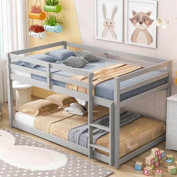 slide 2 of 20, Twin over Twin Floor Bunk Bed with Ladder & Guardrails, Wood Bedframe Grey - Twin