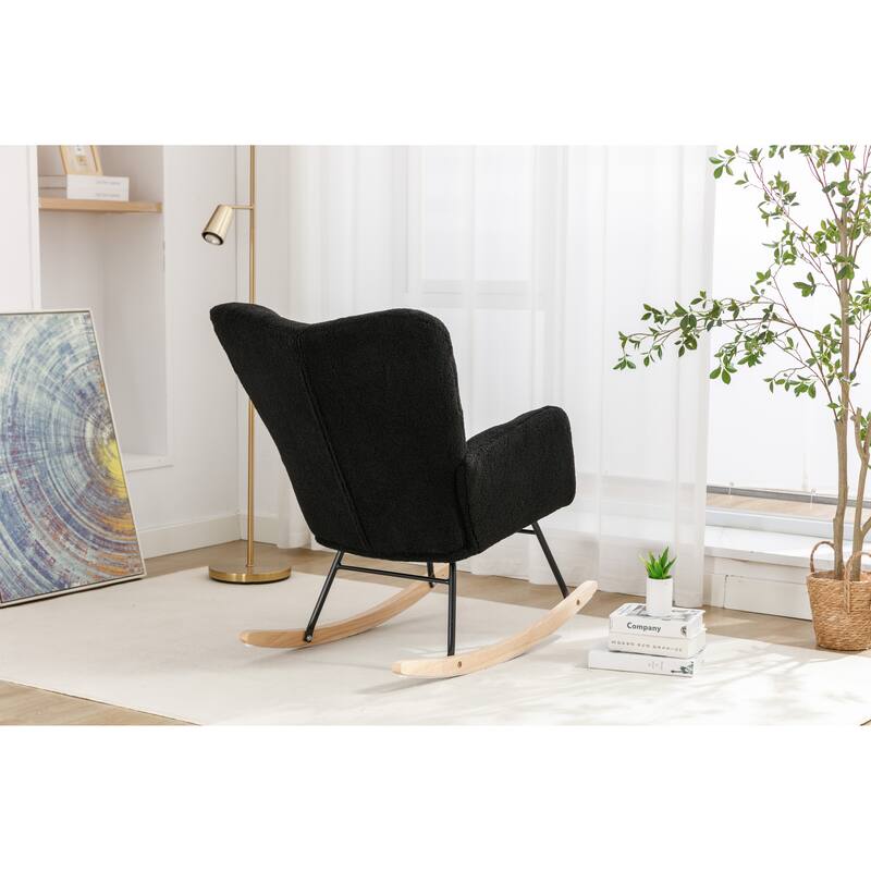 Teddy Fabric Upholstered Glider Rocker, Reading Chair with Thick Padded Seat, High Backrest Armchair with Wooden Legs