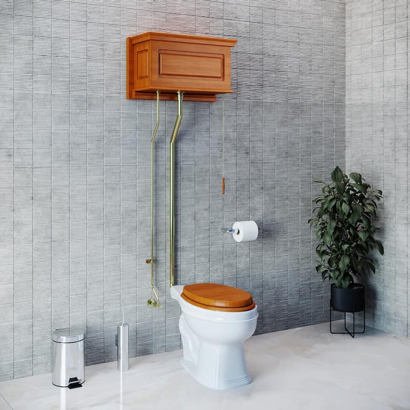 High Tank Toilet - Light Mahogany Flat Tank, White Elongated Bowl and Brass L Pipe Renovators Supply