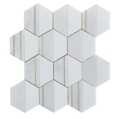 4" Hexagon Mix Marble And Metal Mosaic Tile - Case (8 Sheets)