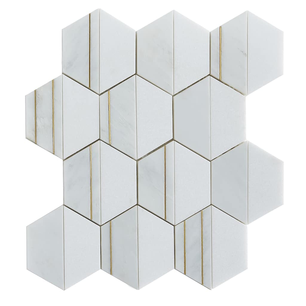 4" Hexagon Mix Marble And Metal Mosaic Tile - Case (8 Sheets)