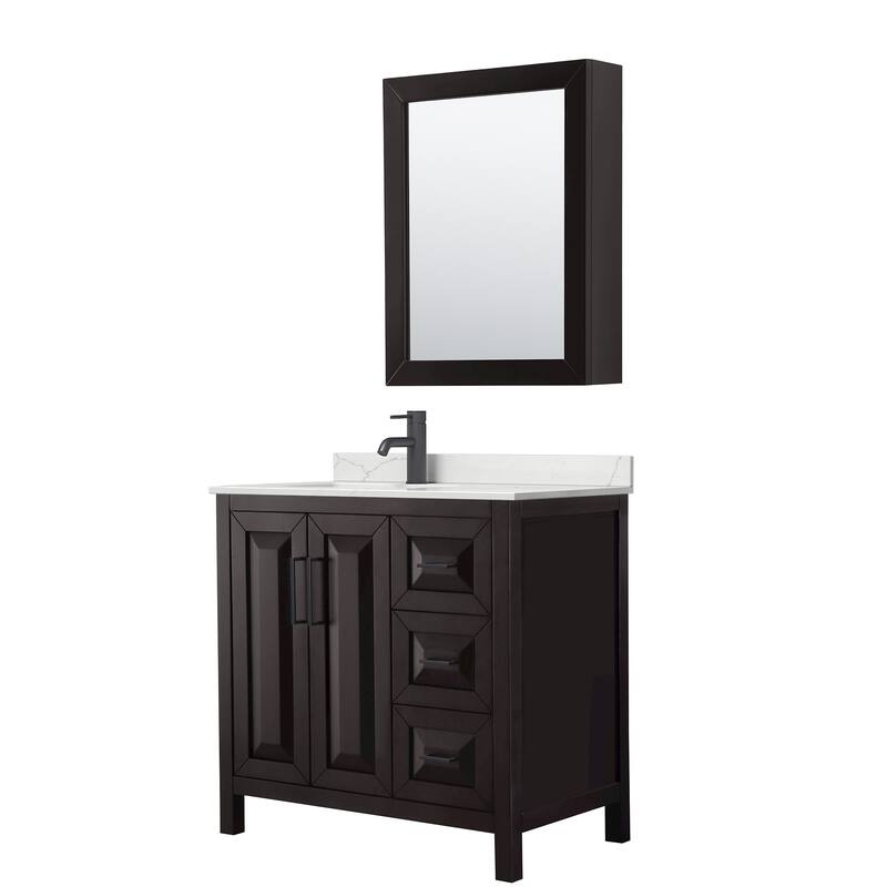 Daria 36-inch Single Vanity, Single Hole Quartz Top, Med Cabinet - Dark Espresso, Black Trim, Giotto Quartz Top