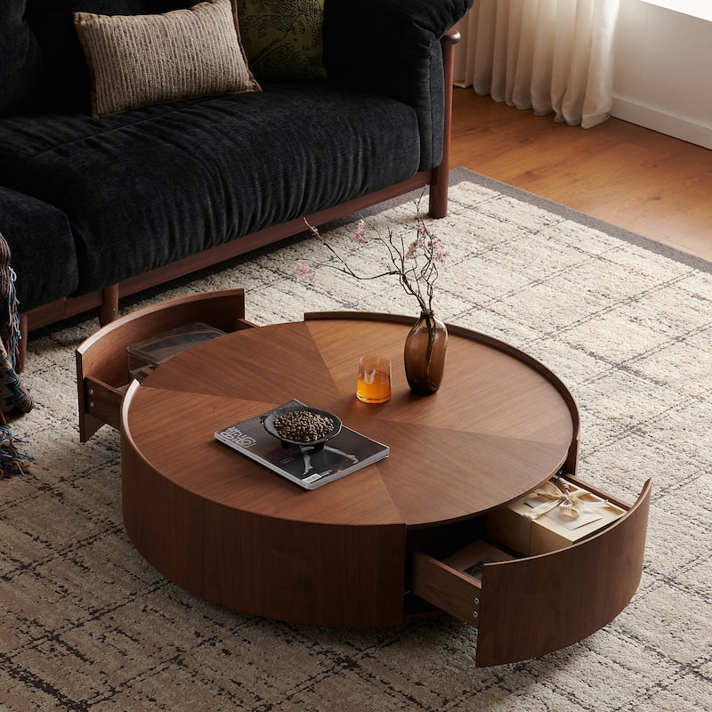 Circular Walnut Design Coffee Table with Drawers for