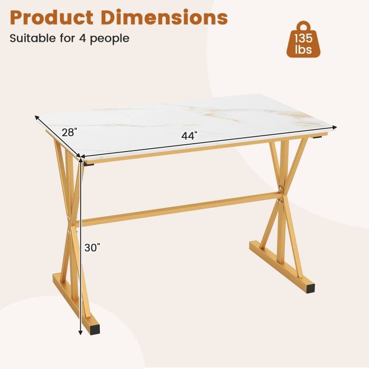 Golden and White Sintered Stone Dining Table with Metal Frame 135 lbs Capacity - 44" x 28" x 30"