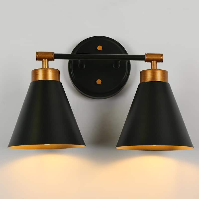 Modern Farmhouse Industrial 2-light Bathroom Vanity Lights Black Gold Dimmable Wall Sconces Cone Shade Kitchen