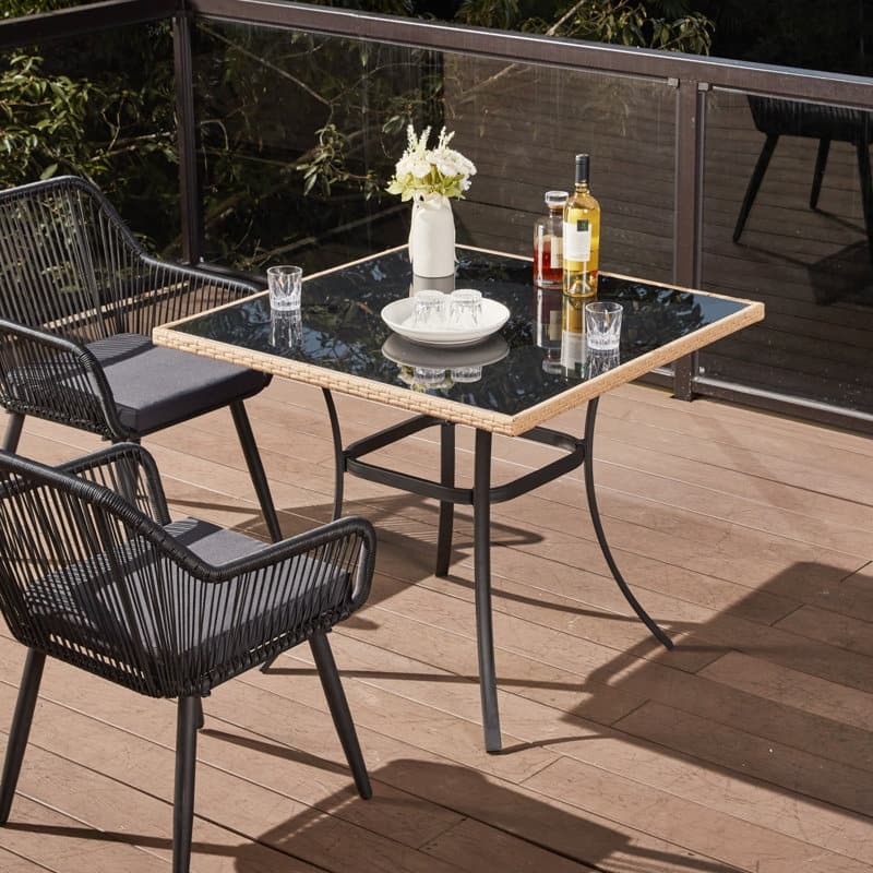 35" Square/Round Outdoor Dining Table - All-Weather Wicker Patio Table with Tempered Glass Top & Iron Frame for Balcony