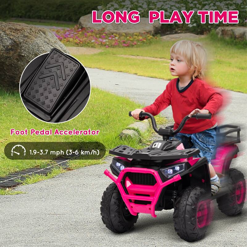 Qaba 12V Kids ATV, 4 Wheeler Quad, 3.7Mph Battery Powered Ride on Car with 4 Suspension Wheels, Storage Basket, LED Lights